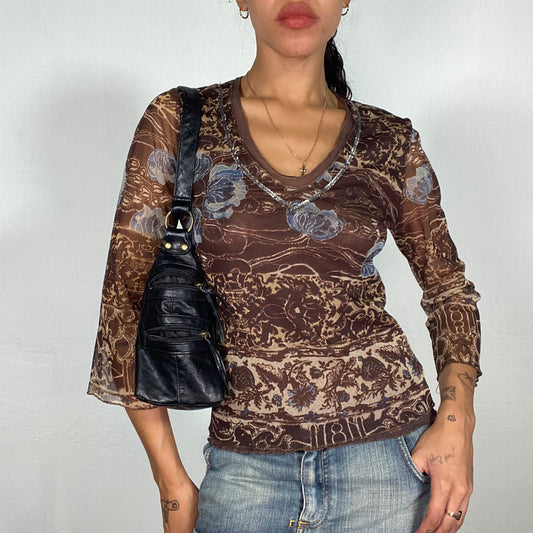 Vintage 90's Phoebe Buffay Brown Longsleeve Top with Floral Print (S/M)