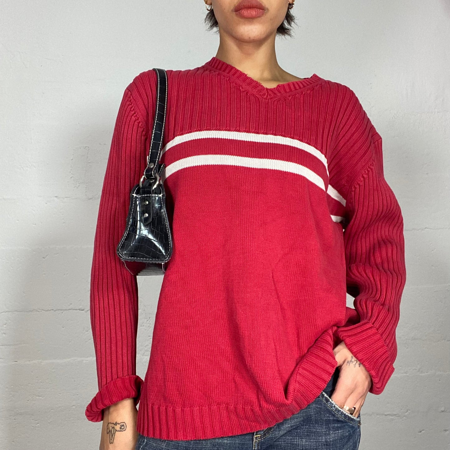 Vintage 90's Classic Red Oversized Sweater with White Frontal Two Trim Detail (L)