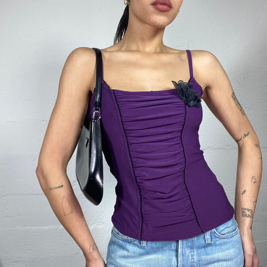 Vintage 2000's Romantic Purple Top with Black Chiffon Rosette Detail  (S)