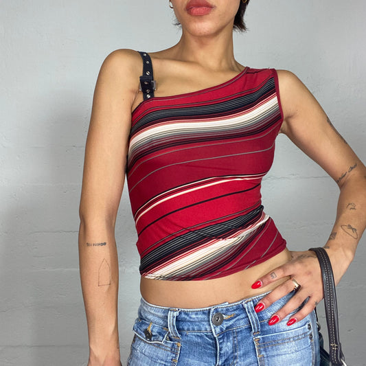 Vintage 2000's Clubwear Asymmetric Red Top with Stripes Print and Belt Strap Detail (S)