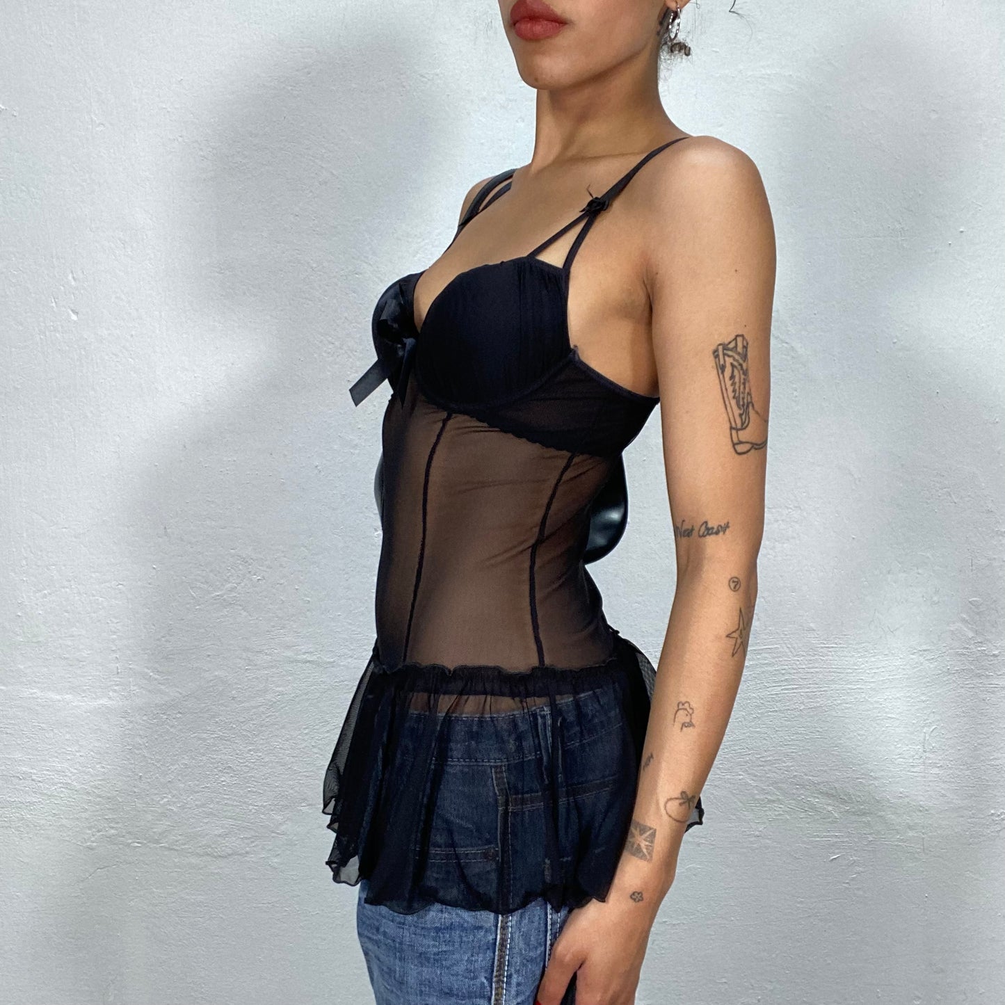 Vintage 2000's Lingerie Black Bustier Mesh Top (S)