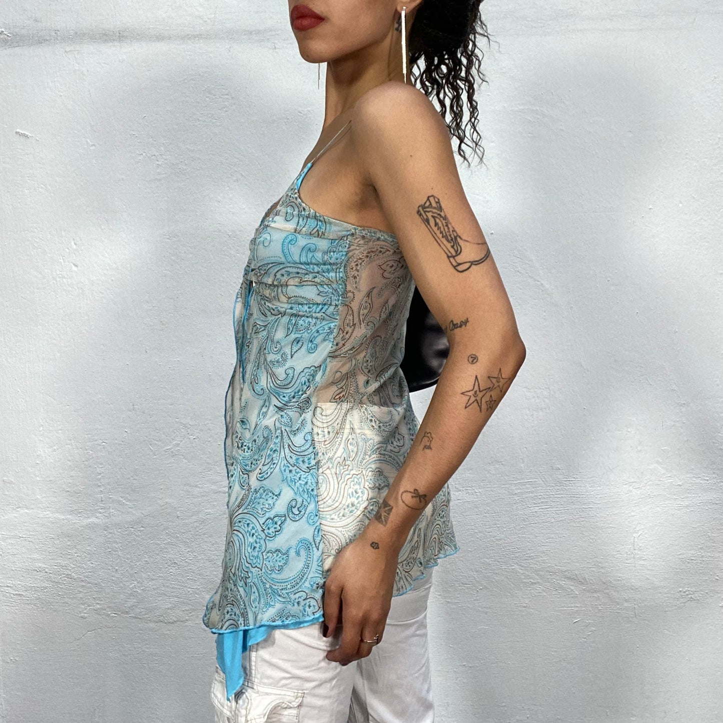 Vintage 2000's Indie Girl Aqua Blue Top with Paisley Print (S/M)