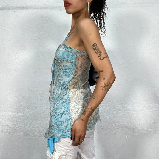 Vintage 2000's Indie Girl Aqua Blue Top with Paisley Print (S/M)