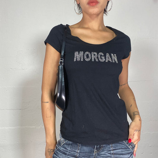 Vintage 2000's Morgan Downtown Girl Black Top and Rhinestones Brand Print (S)