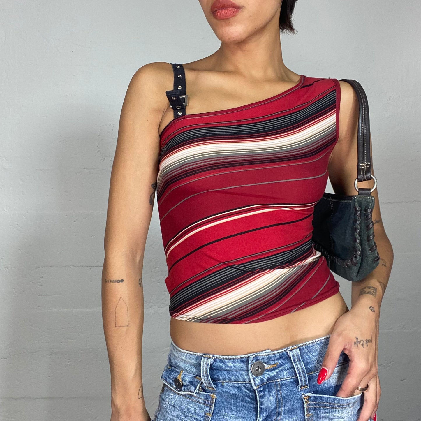 Vintage 2000's Clubwear Asymmetric Red Top with Stripes Print and Belt Strap Detail (S)