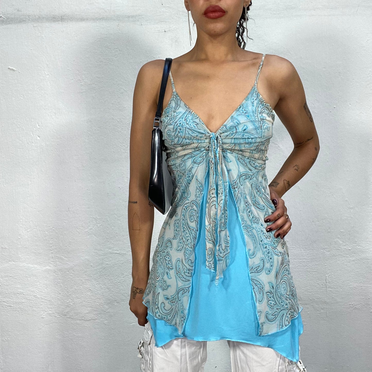 Vintage 2000's Indie Girl Aqua Blue Top with Paisley Print (S/M)