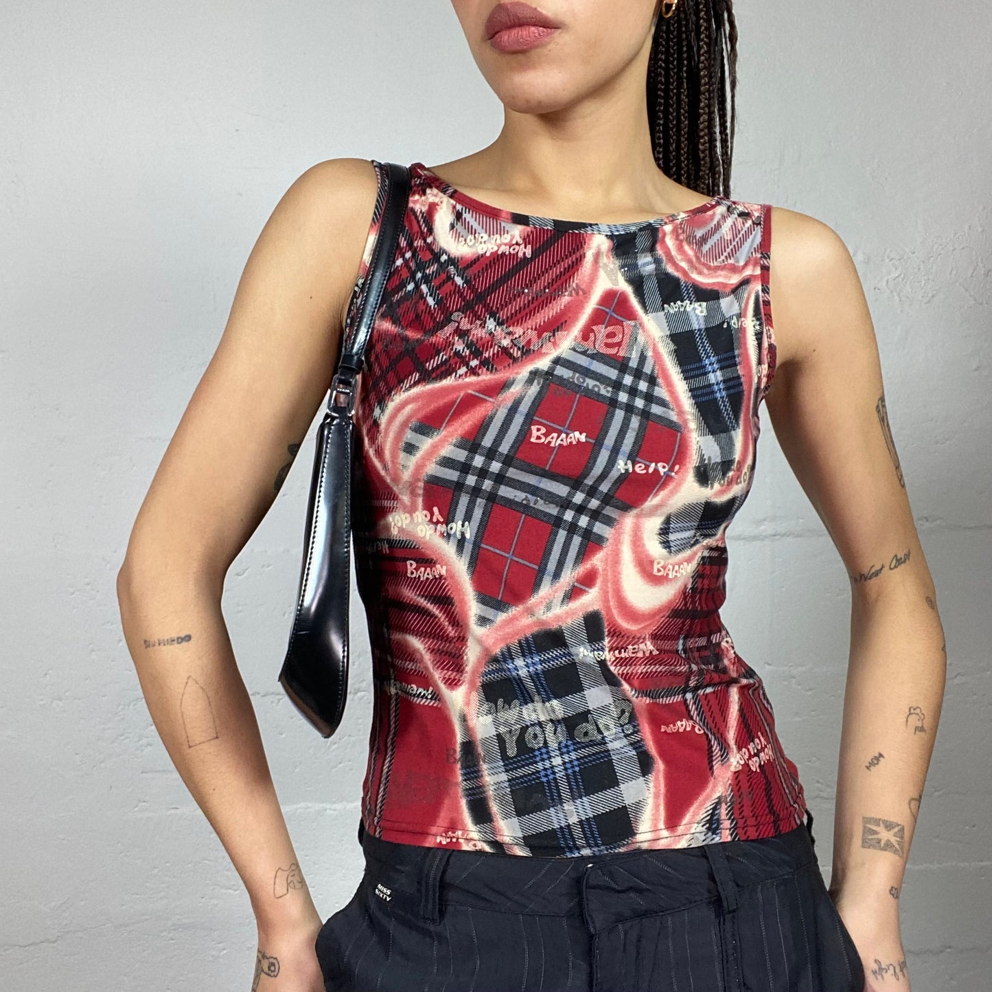 Vintage 90's Punk Red and Black Top with Checkered Patches Print (S/M)