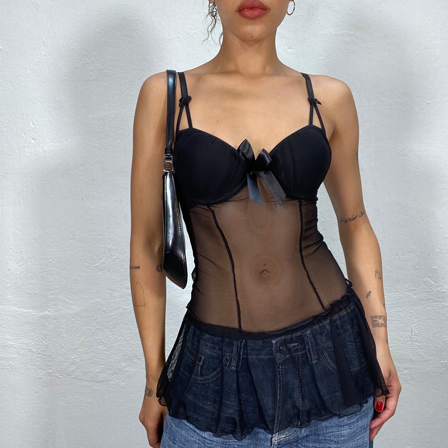 Vintage 2000's Lingerie Black Bustier Mesh Top (S)