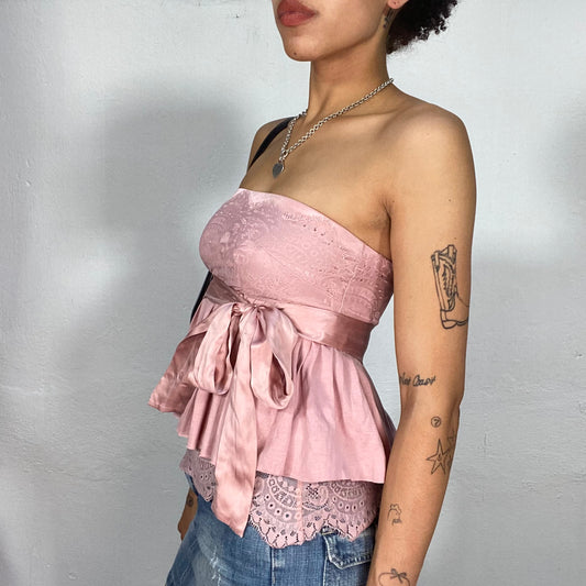Vintage 2000's Coquette Pink Satin and Lace Corset Top withBow Detail (XS/S)