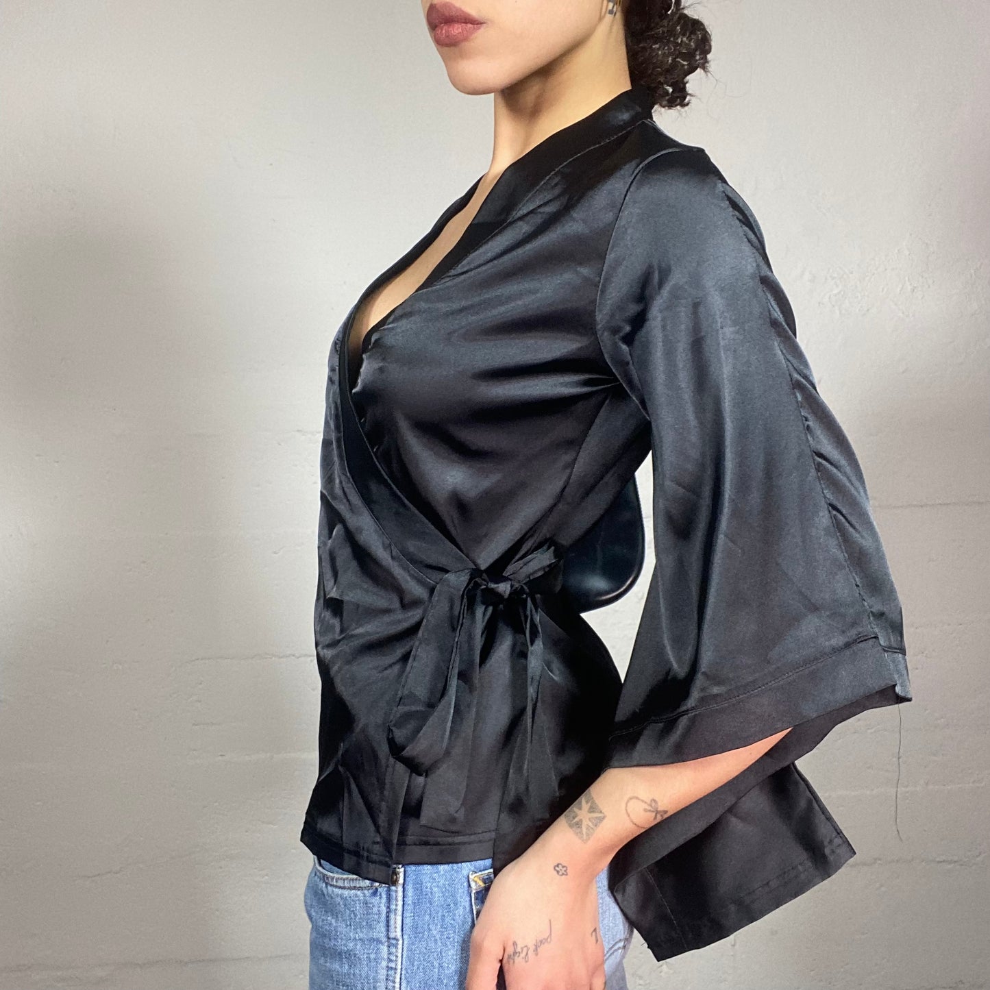 Vintage 2000's Clubwear Black Satin Wrapped Top with Lace Up Detail (M)
