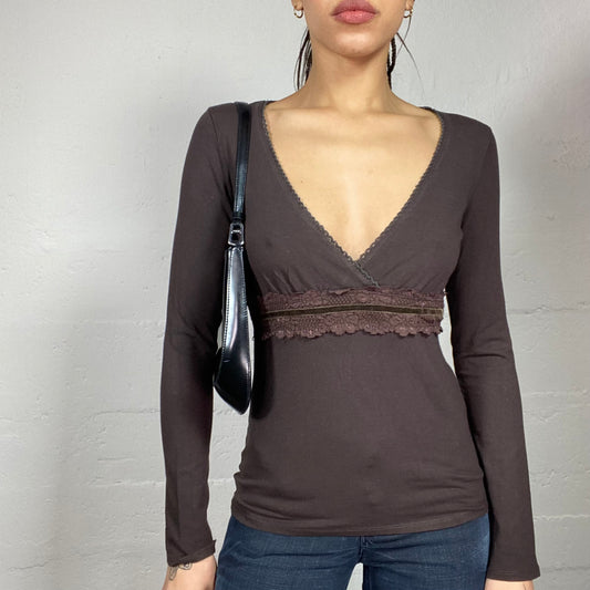 Vintage 2000's Morgan Boho Brown Longsleeve Top with Lace Waist Belt (S)