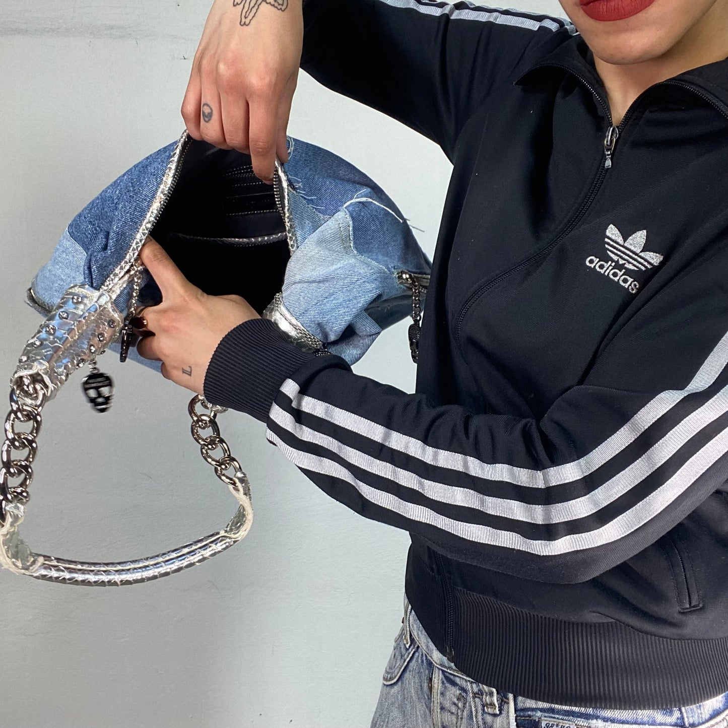 Vintage 2000's Grunge Denim Patchwork Slouchy Bag with Rhinestone Cross Detail