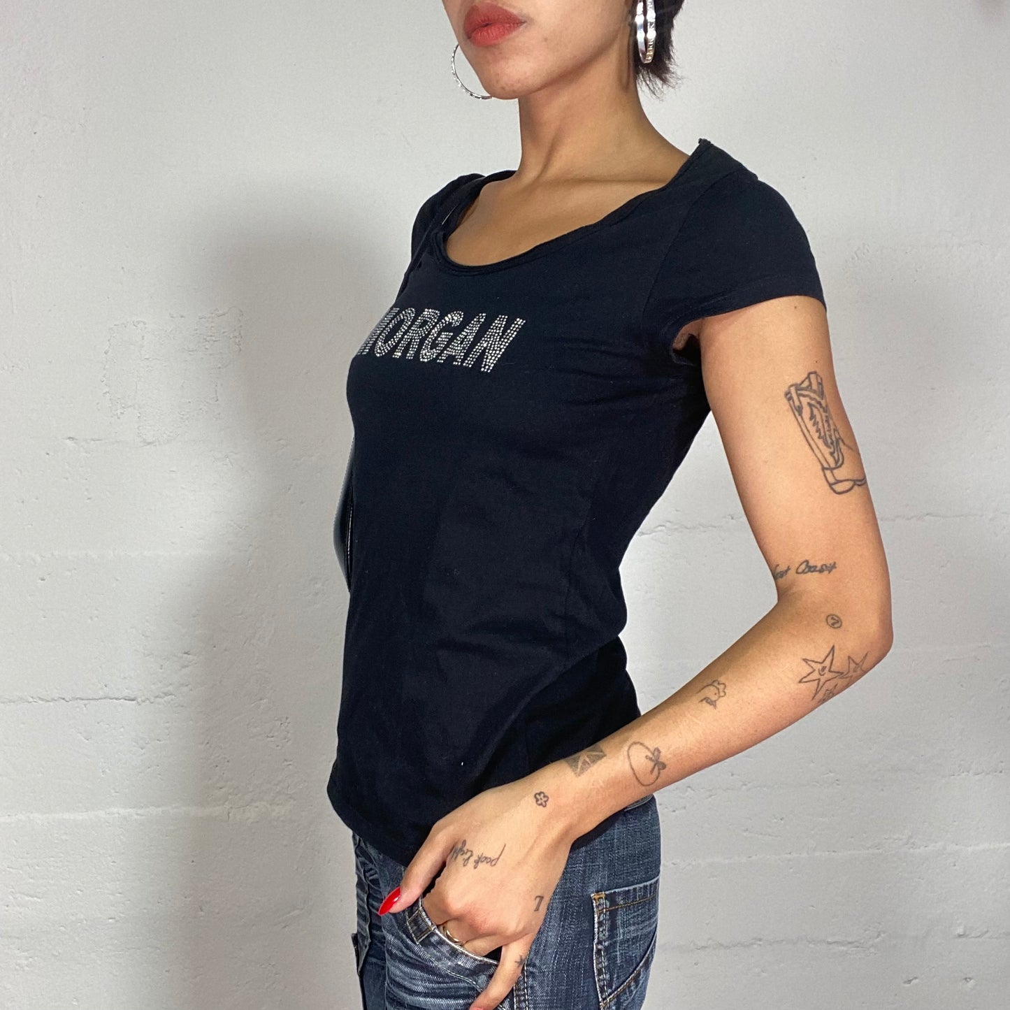 Vintage 2000's Morgan Downtown Girl Black Top and Rhinestones Brand Print (S)