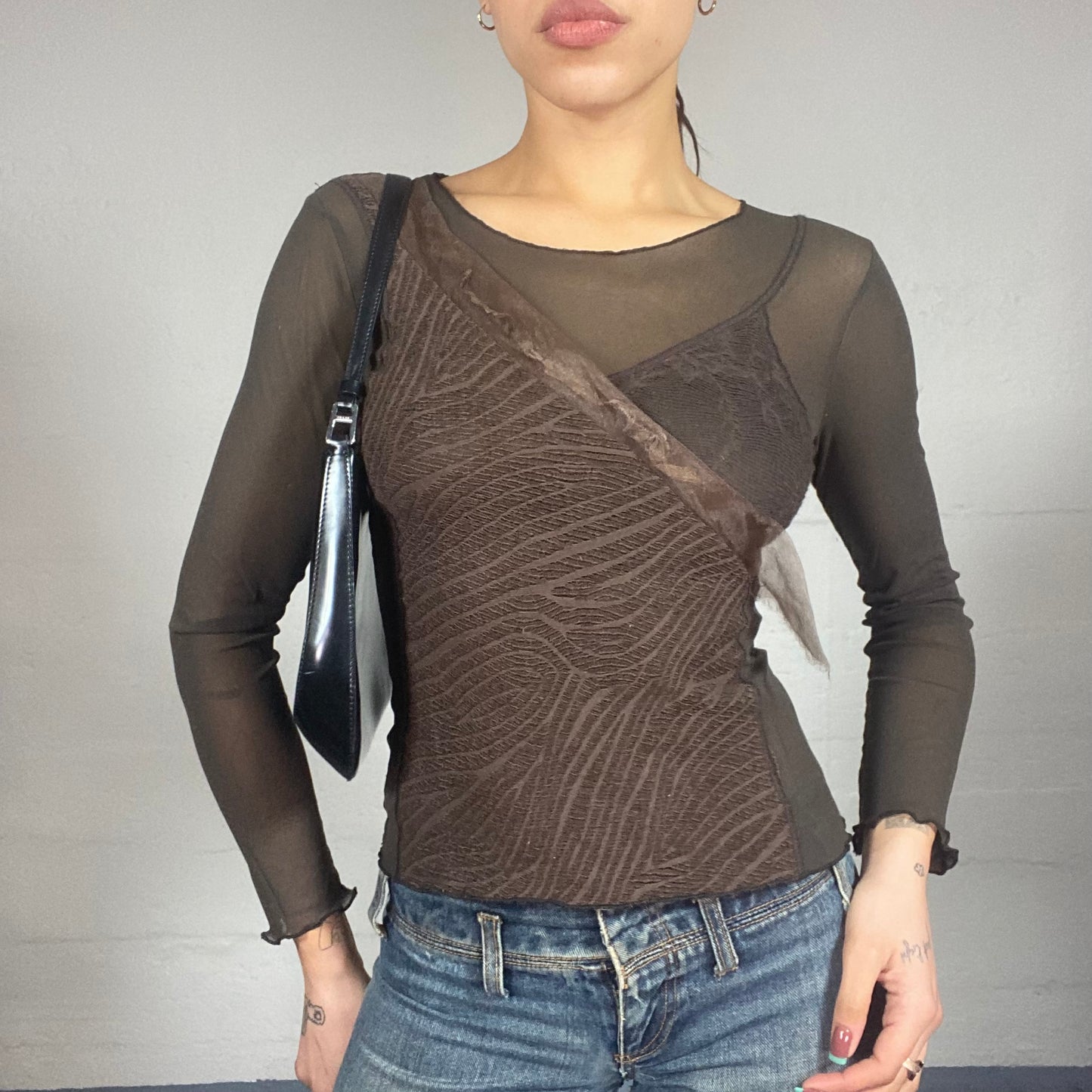 Vintage 90's Fairy Brown Mesh Longsleeve Top with Textured Body Material (M)