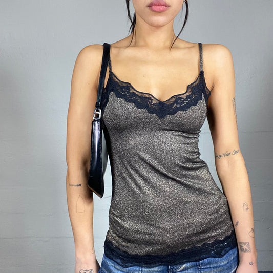 Vintage 2000's Clubwear Top with Black Lace Trim and Glitter Material Covering (S)