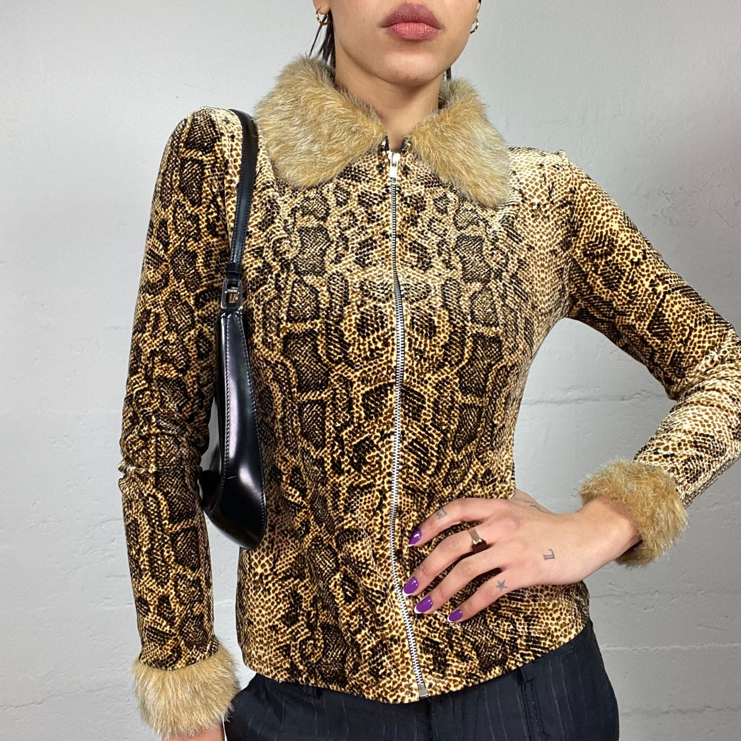 Vintage 90 Janice Beige Cheetah Skin Print Zip Up Jacket with Fur Trim Detail (S)