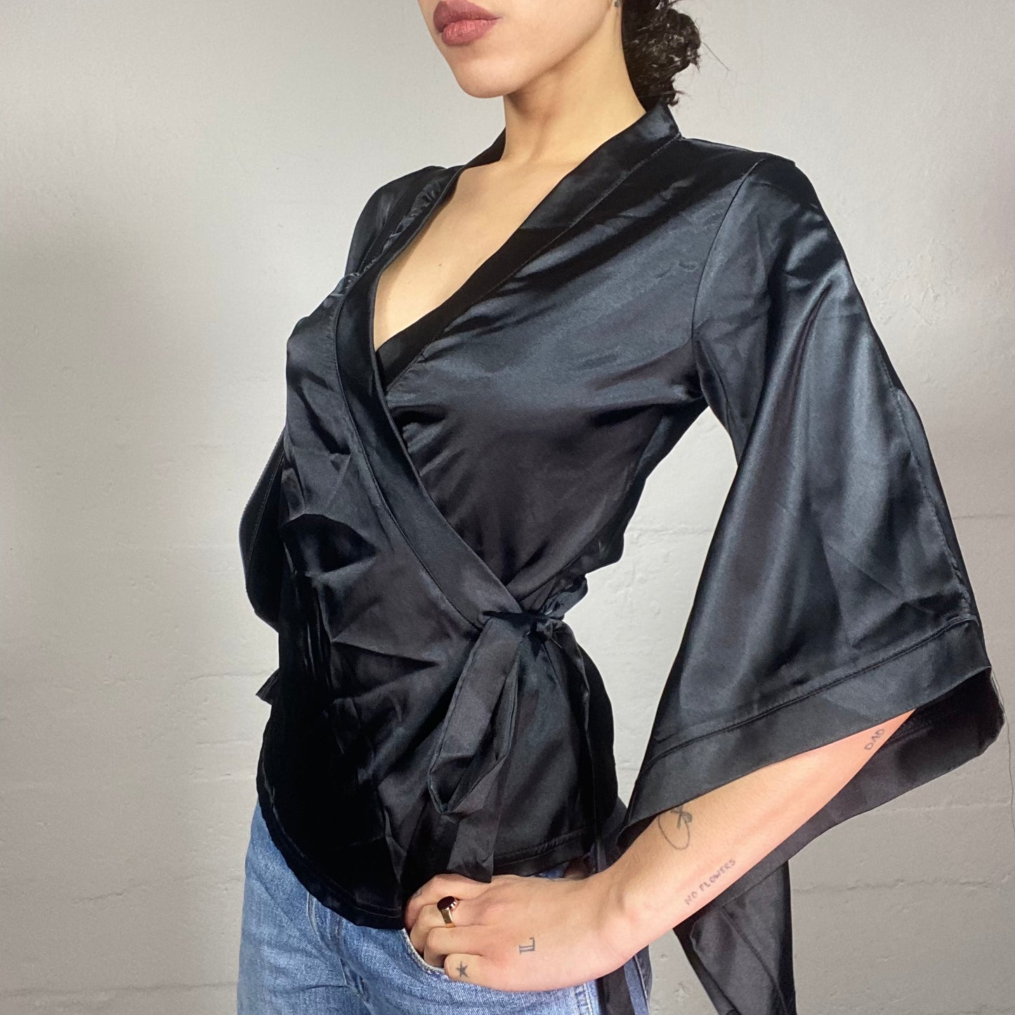 Vintage 2000's Clubwear Black Satin Wrapped Top with Lace Up Detail (M)