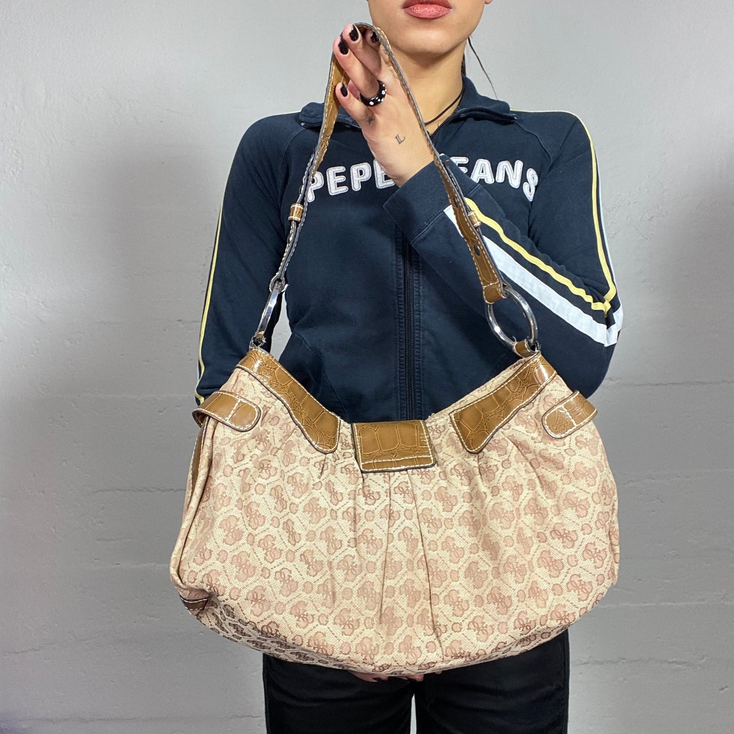 Vintage 2000's Guess Model Off Duty Brown Shoulder Bag with Mongoram Print