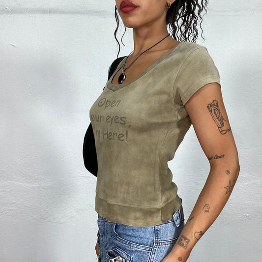 Vintage 2000's Grunge Khaki Top with "Open Your Eyes I am Here" Print (S)