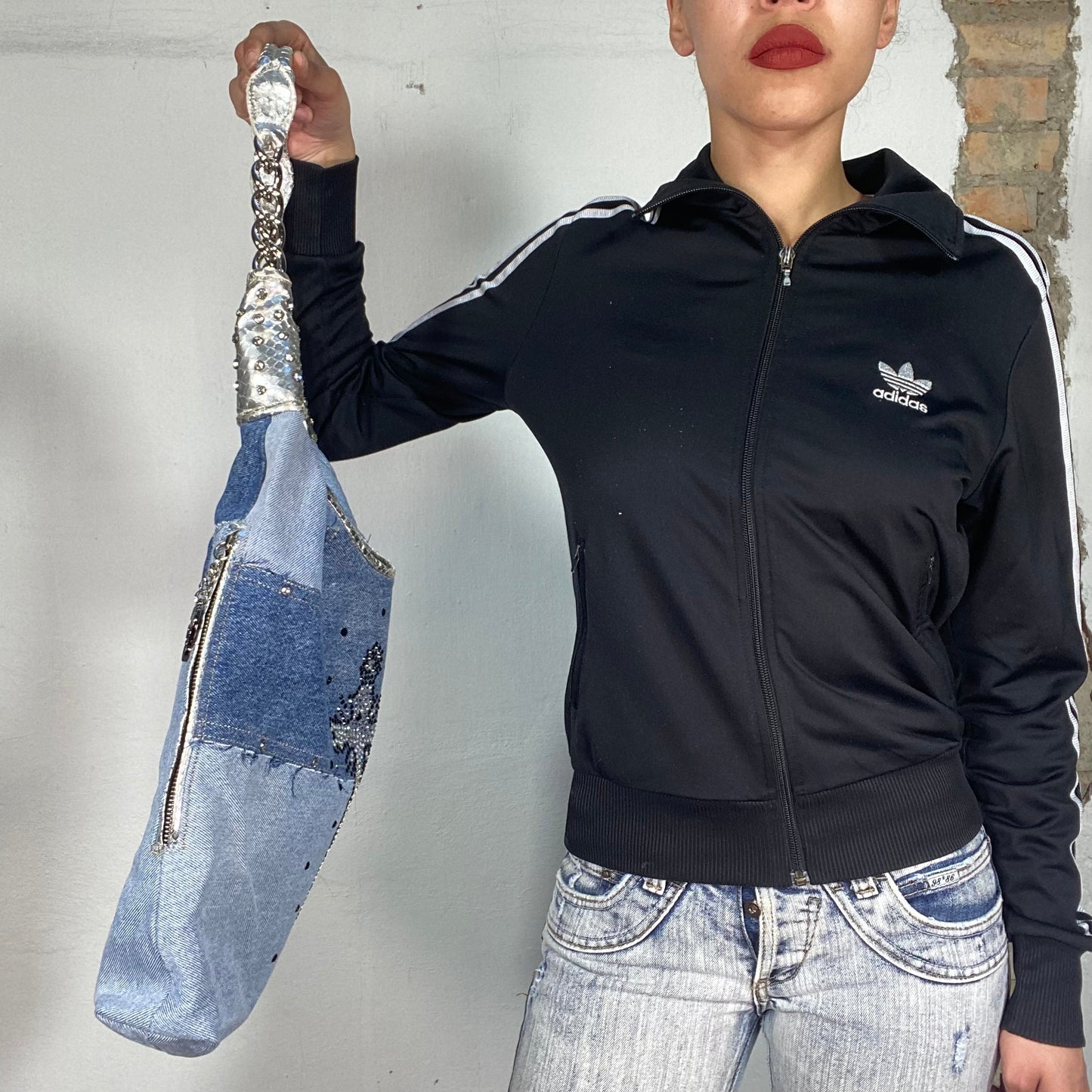 Vintage 2000's Grunge Denim Patchwork Slouchy Bag with Rhinestone Cross Detail