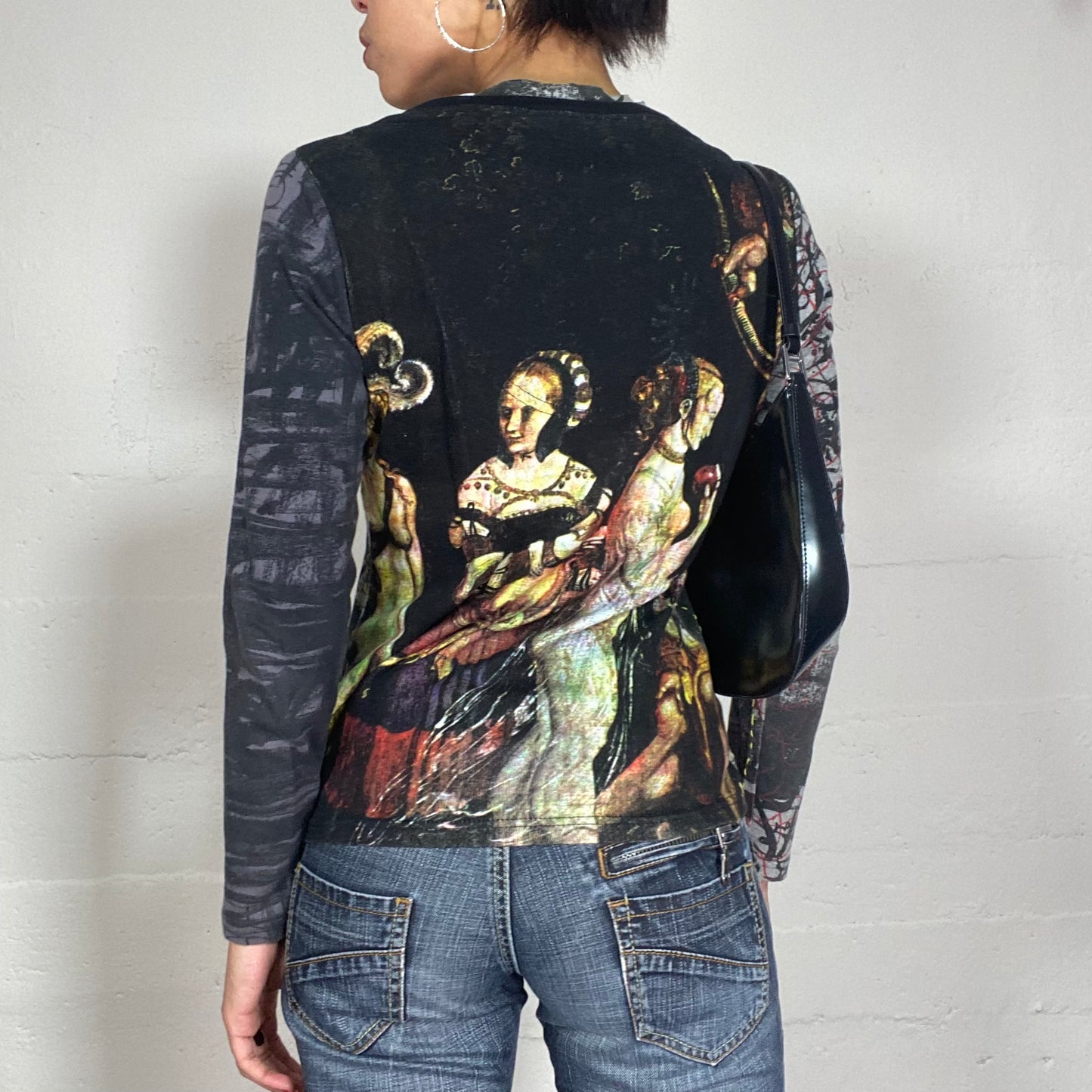 Vintage 2000's Desigual Funky Dark Grey Longsleeve Top with Doodle Heart and Renaissance Print (S/M)