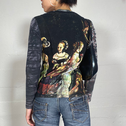 Vintage 2000's Desigual Funky Dark Grey Longsleeve Top with Doodle Heart and Renaissance Print (S/M)
