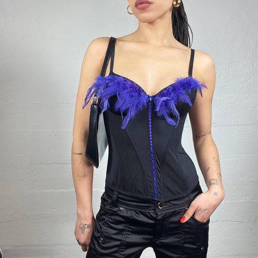 Vintage 2000's Burlesque Black Corset Top with Purple Feathers Chest Part Detail (S)