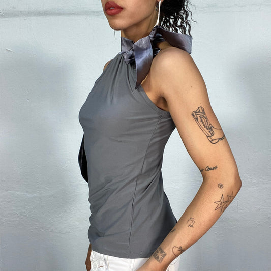 Vintage 90's Classic Grey Turtleneck Top with Satin Bow Detail (M)