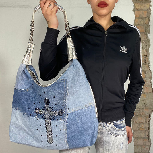 Vintage 2000's Grunge Denim Patchwork Slouchy Bag with Rhinestone Cross Detail