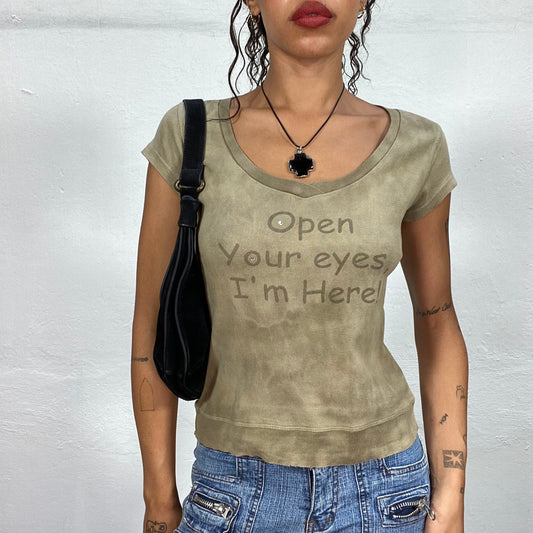 Vintage 2000's Grunge Khaki Top with "Open Your Eyes I am Here" Print (S)