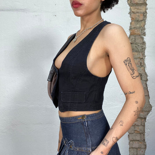 Vintage 2000's Downtown Girl Dark Denim Vest Top with Open Neckline and Pockets Detail (S)