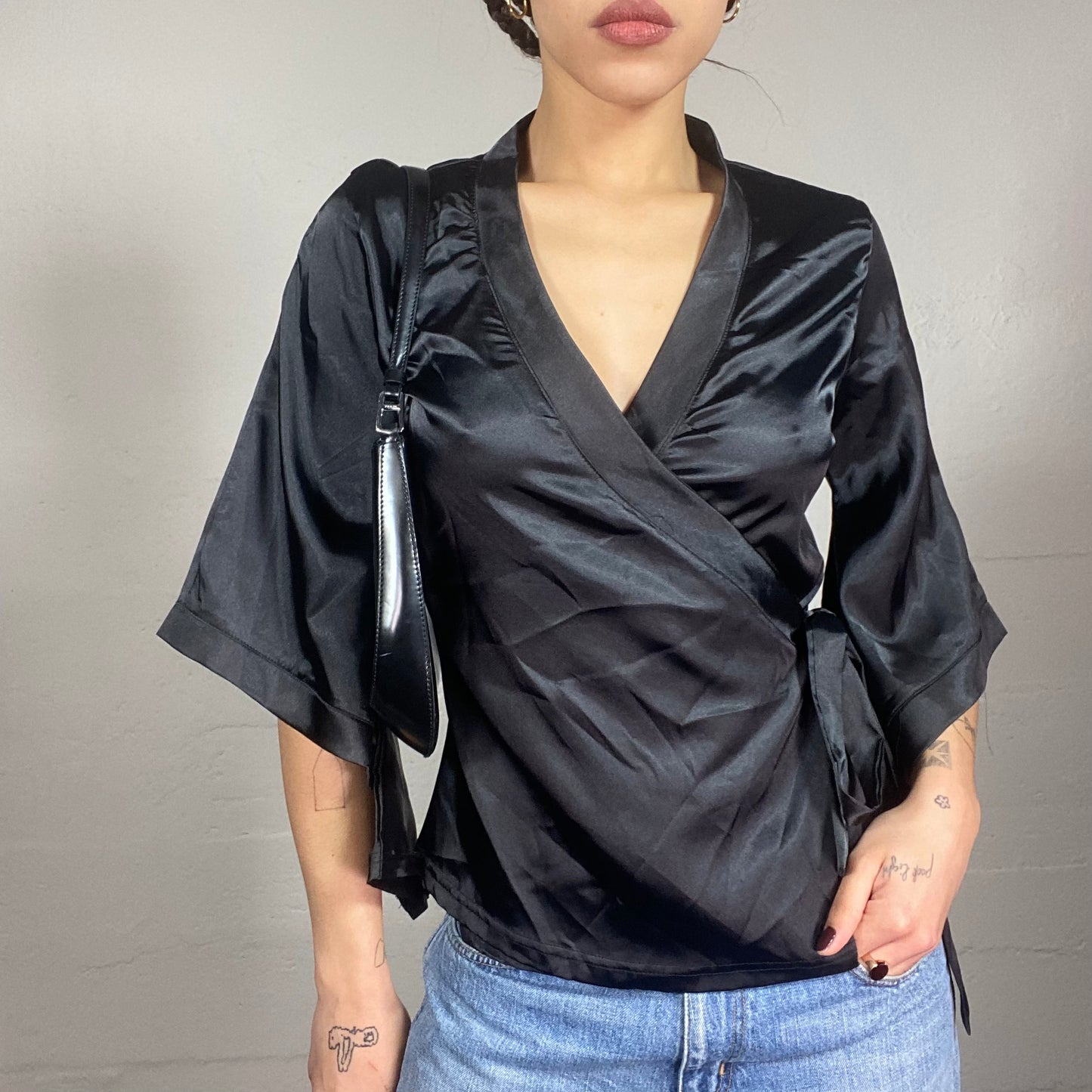 Vintage 2000's Clubwear Black Satin Wrapped Top with Lace Up Detail (M)