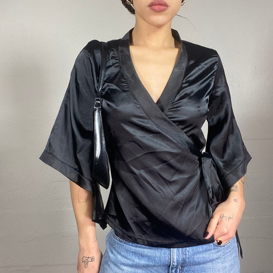 Vintage 2000's Clubwear Black Satin Wrapped Top with Lace Up Detail (M)