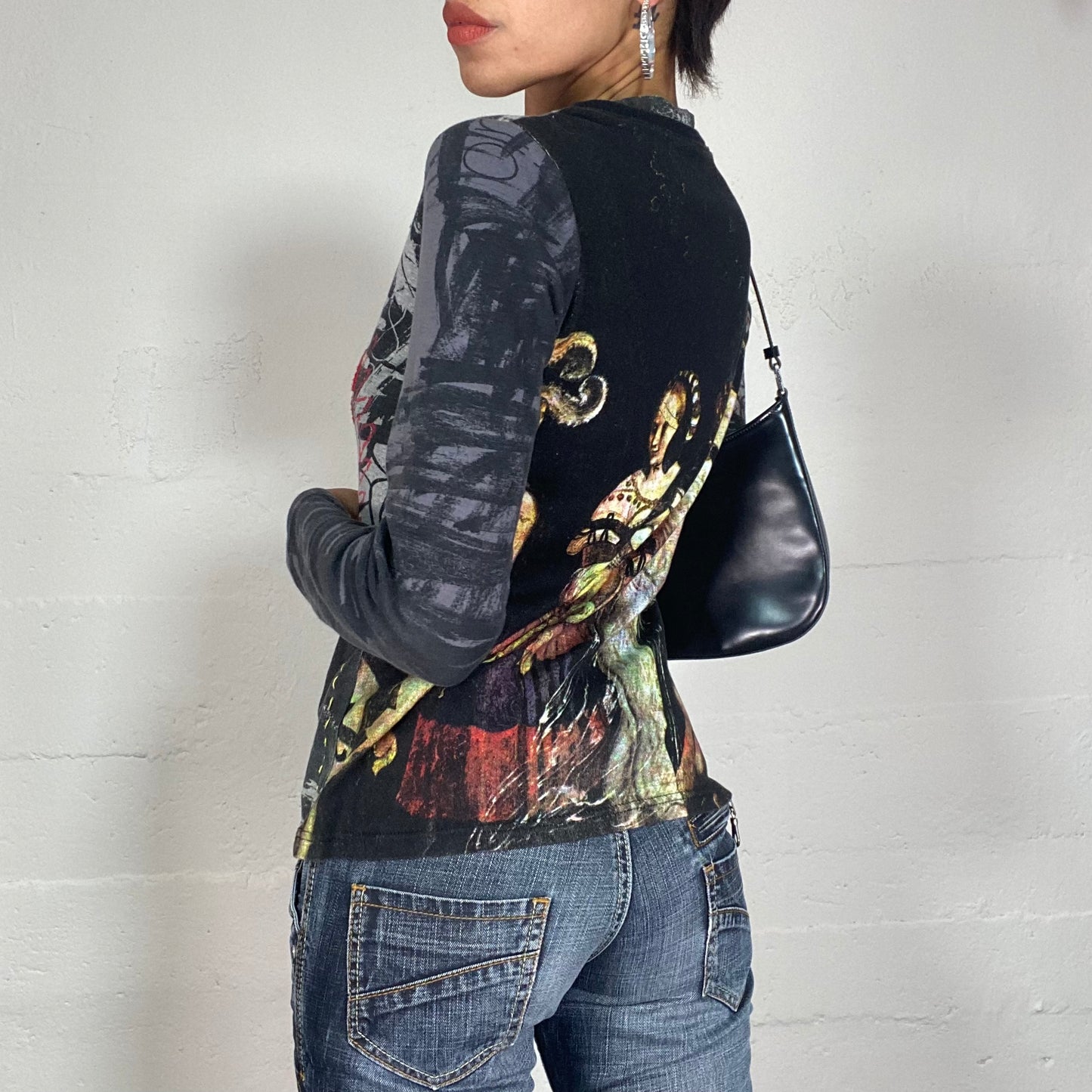 Vintage 2000's Desigual Funky Dark Grey Longsleeve Top with Doodle Heart and Renaissance Print (S/M)