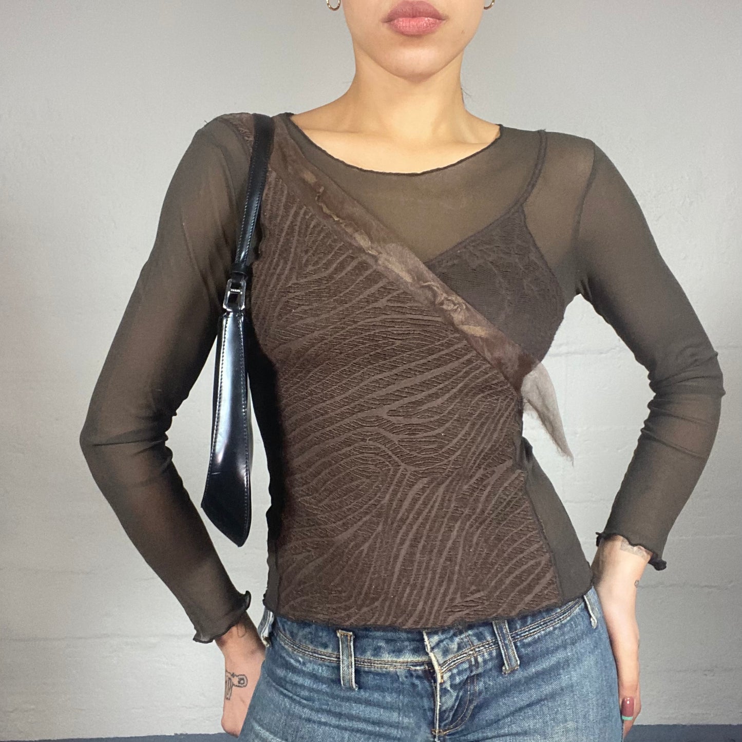 Vintage 90's Fairy Brown Mesh Longsleeve Top with Textured Body Material (M)