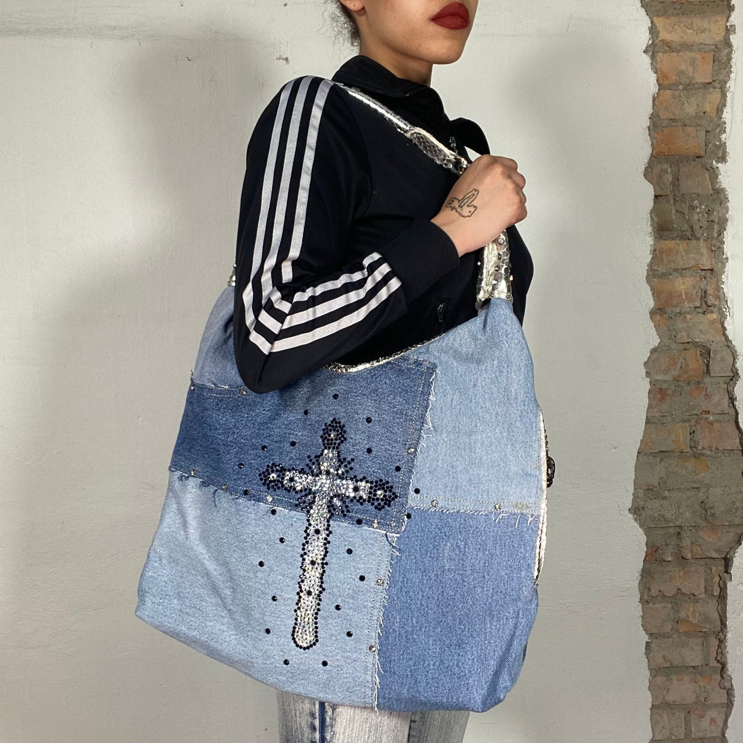 Vintage 2000's Grunge Denim Patchwork Slouchy Bag with Rhinestone Cross Detail