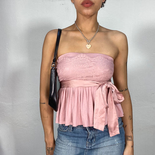 Vintage 2000's Coquette Pink Satin and Lace Corset Top withBow Detail (XS/S)