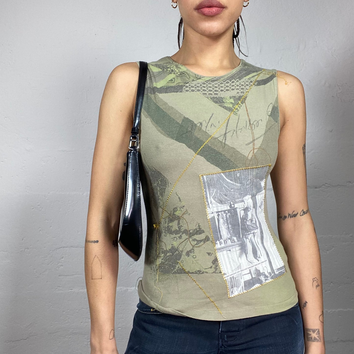 Vintage 90's Phoebe Buffay Khaki Top with Patched Vintage Phoptography Print Detail (S)