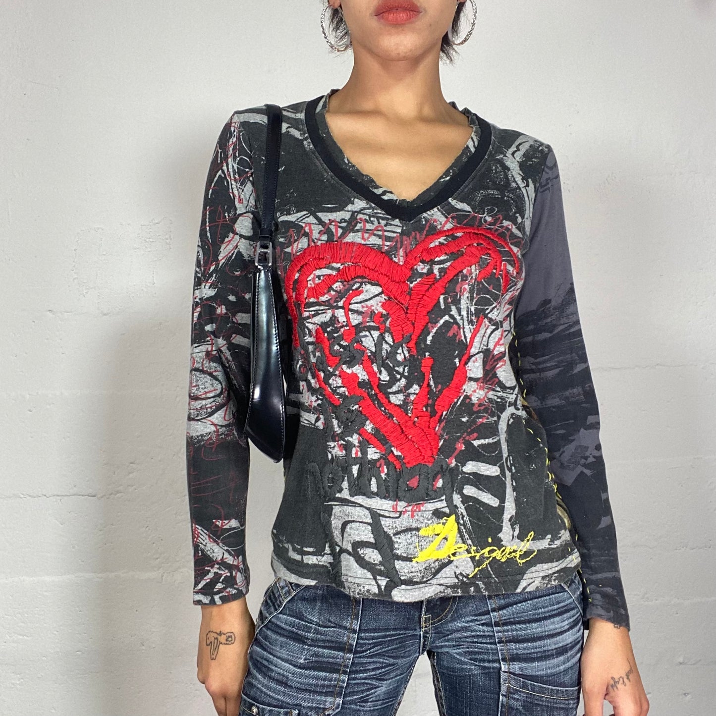 Vintage 2000's Desigual Funky Dark Grey Longsleeve Top with Doodle Heart and Renaissance Print (S/M)