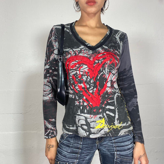 Vintage 2000's Desigual Funky Dark Grey Longsleeve Top with Doodle Heart and Renaissance Print (S/M)