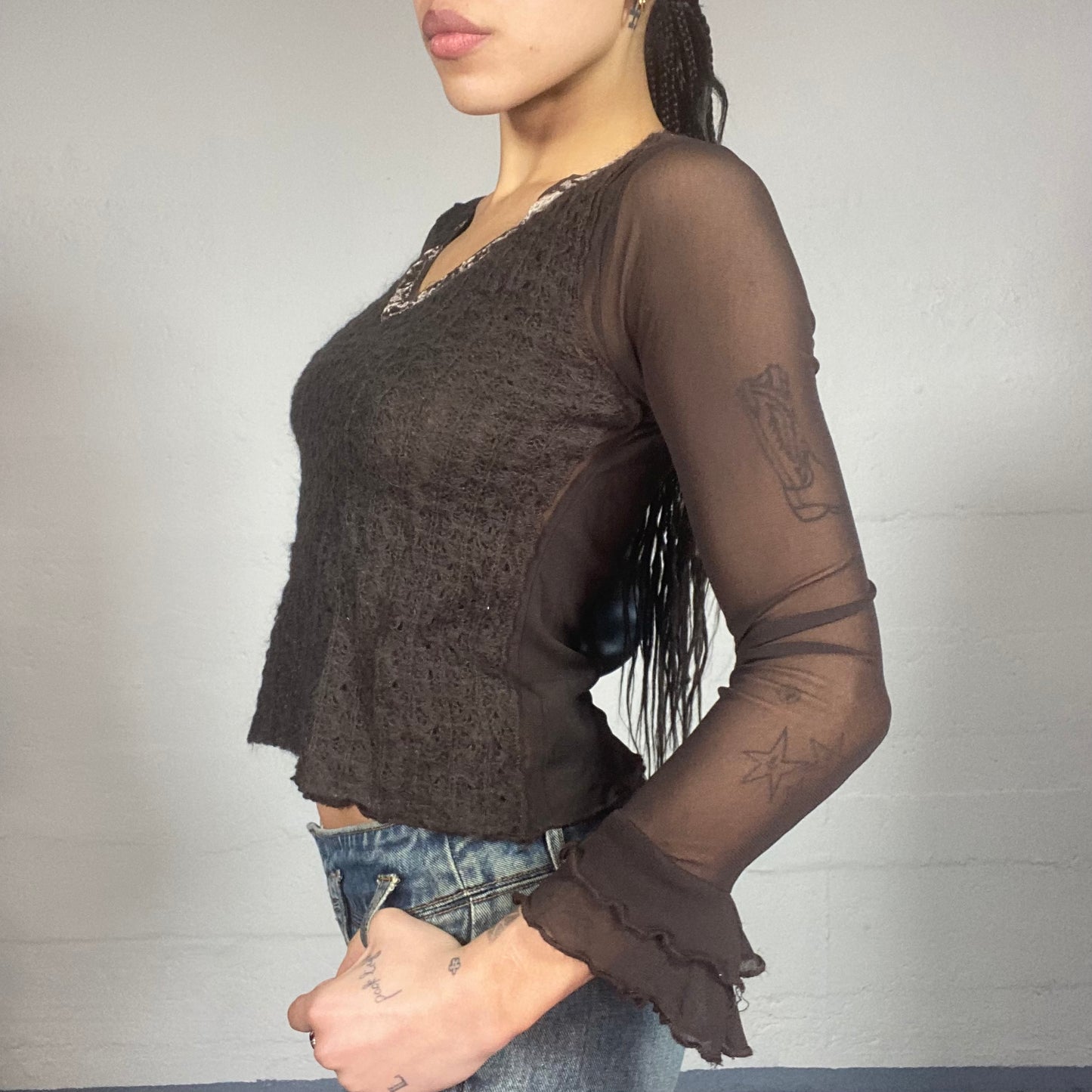 Vintage 90's Fairy Brown Mesh Longsleeve Top with Crochet Body Detail (M)