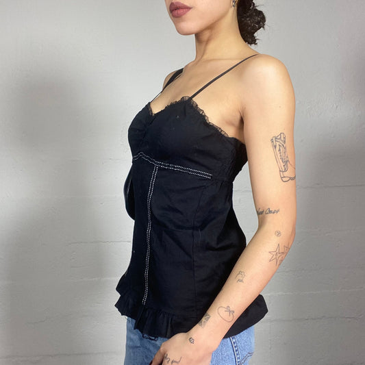 Vintage 2000's Romantic Black Blouse Top with White Visible Seam Detail (S/M)
