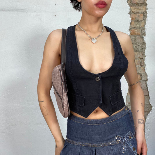 Vintage 2000's Downtown Girl Dark Denim Vest Top with Open Neckline and Pockets Detail (S)