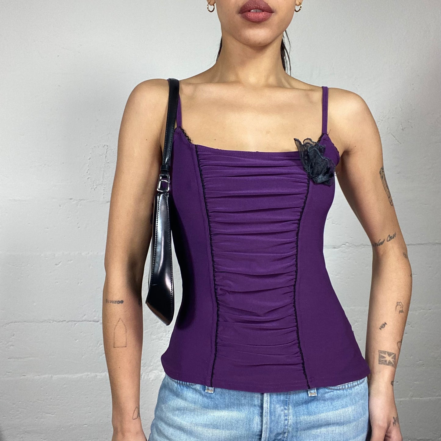 Vintage 2000's Romantic Purple Top with Black Chiffon Rosette Detail  (S)