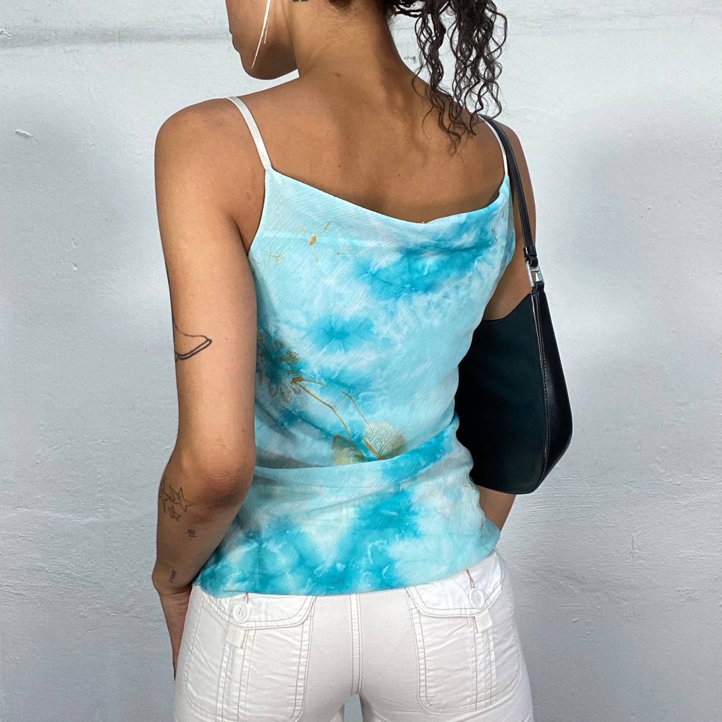 Vintage 2000's Summer Aqua Blue Asymmetric Top with Semi-Sheer Material and Flower Print (M)