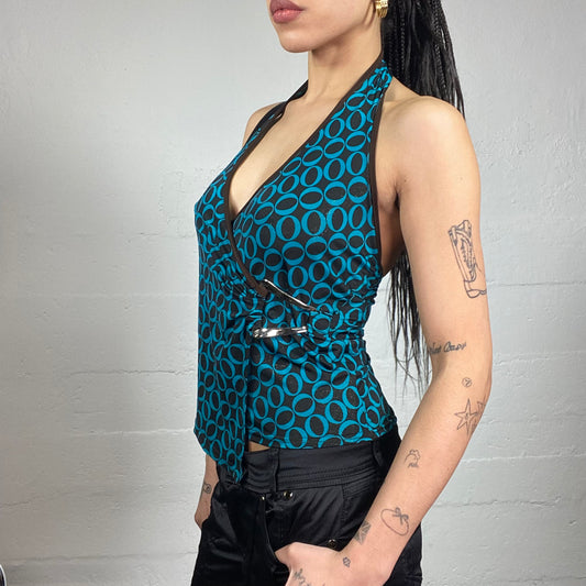Vintage 2000's Downtown Girl Blue Nefckholder Top with Blue Funky Print Detail (S)