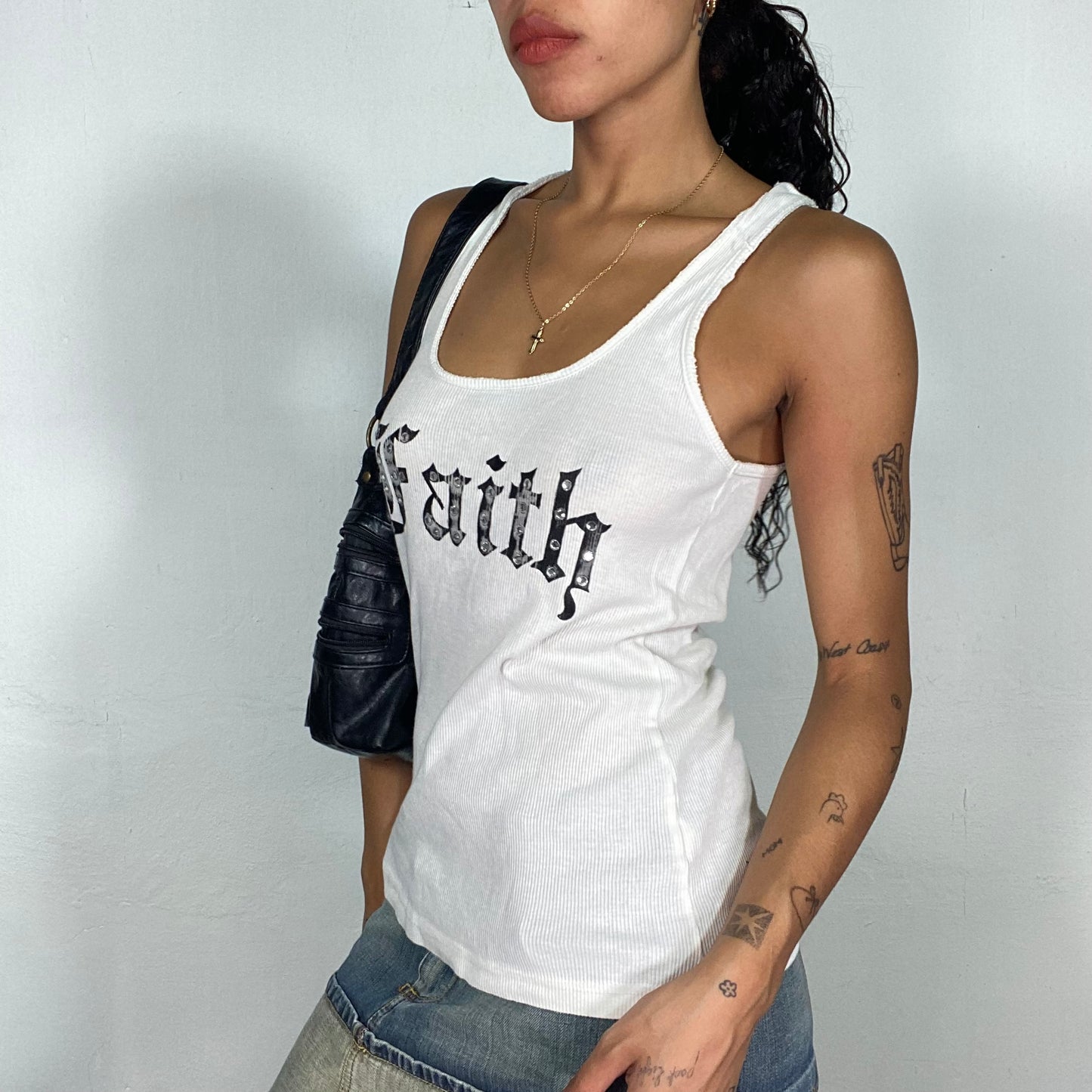 Vintage 2000's Model Off Duty White Top with Rhinnestones "Faith" Print (S/M)