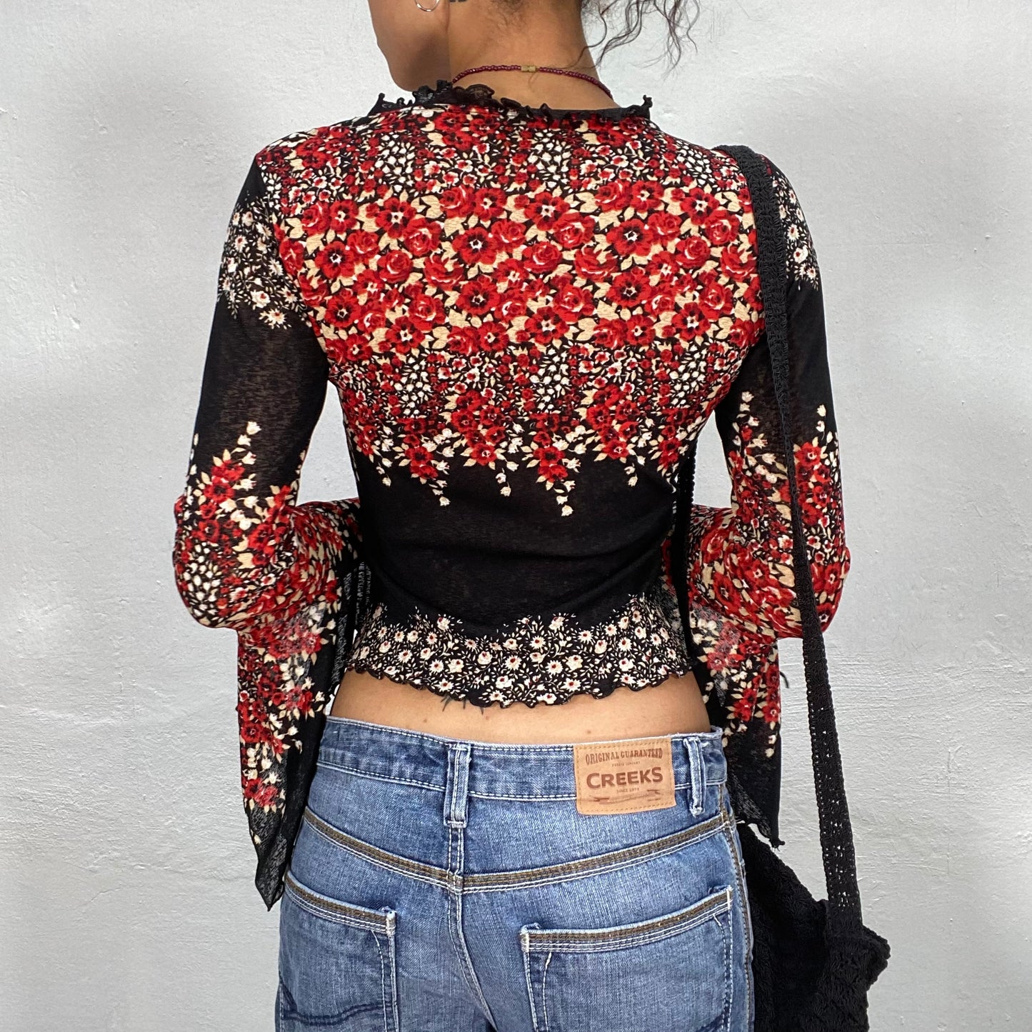 Vintage 90's Indie Black and Red Floral Mesh Top with Flared Sleeves (S)