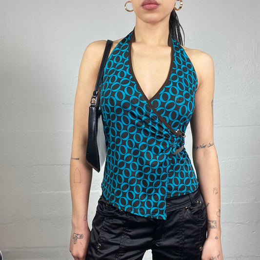 Vintage 2000's Downtown Girl Blue Nefckholder Top with Blue Funky Print Detail (S)