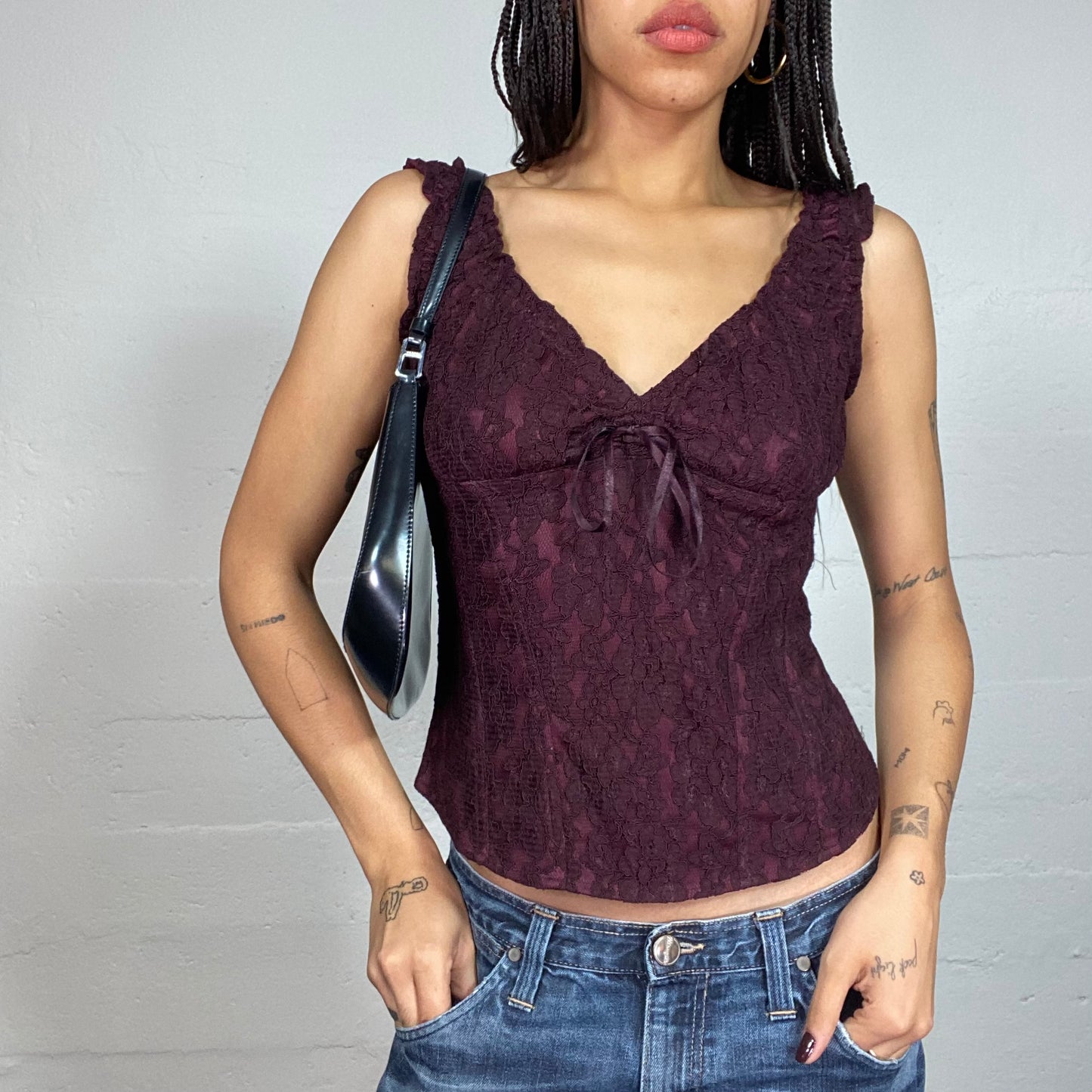 Vintage 2000's Romantic Goth Burgundy Top with Lace Material (S/M)